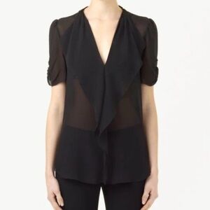 Aritzia T Babaton Sheer Silk Black Blouse Vneck Ruffle Ruching Large